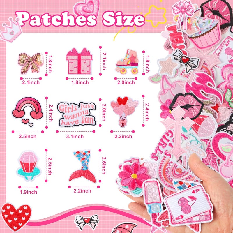 NICEVINYL Pink Iron on Patches for Girls: 60PCS Girly Random Embroidery Patches for Backpacks Clothing Hats Jackets Pants Decor - Assorted Cute Sew on Appliques for DIY Accessories - Image 2